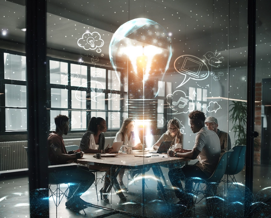 Illustration of a team of people sitting around a table in an office working together to create with a 3d digital energy lightbulb and icons floating up from the table.