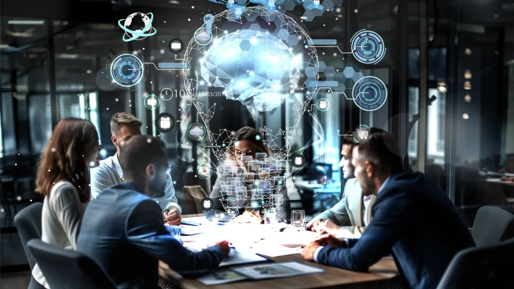 Illustration of a team of people sitting around a table in an office working together to create with a 3d digital energy lightbulb and icons floating up from the table.