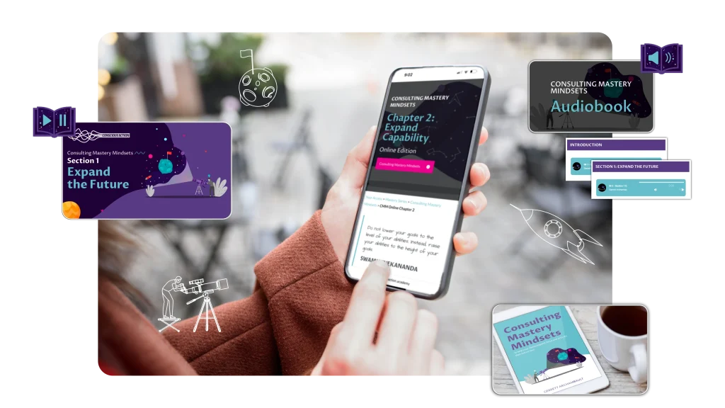 Mockup overlay on a photo of a person reading Consulting Mastery Mindsets on their phone.