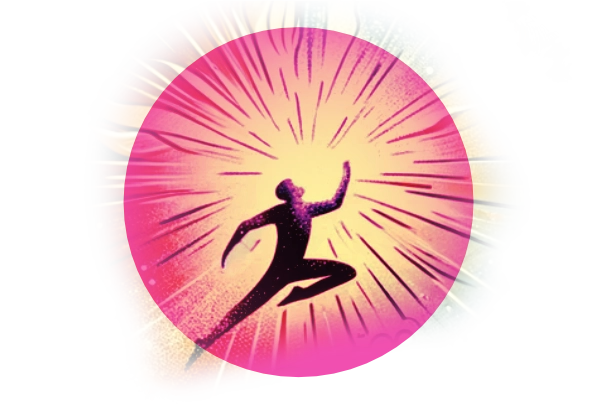 Icon of a silhouette of a person jumping with energy radiating out from them representing activation.