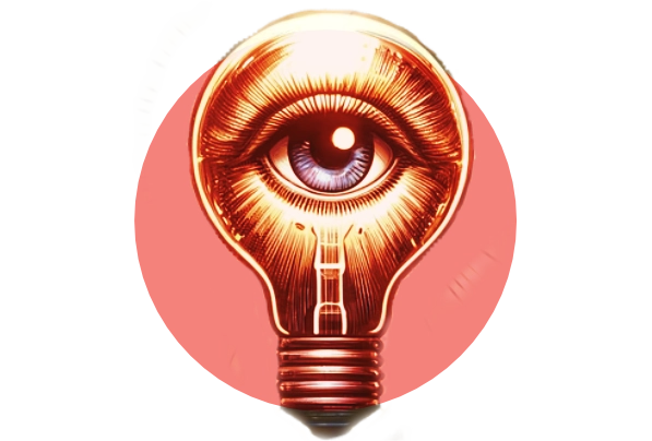 Icon of a lightbulb with an open eye in the middle representing new insights.