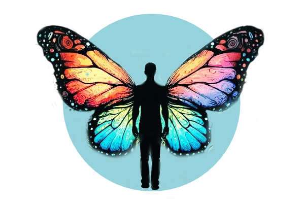 Icon of a human silhouette with multi-coloured butterfly wings.