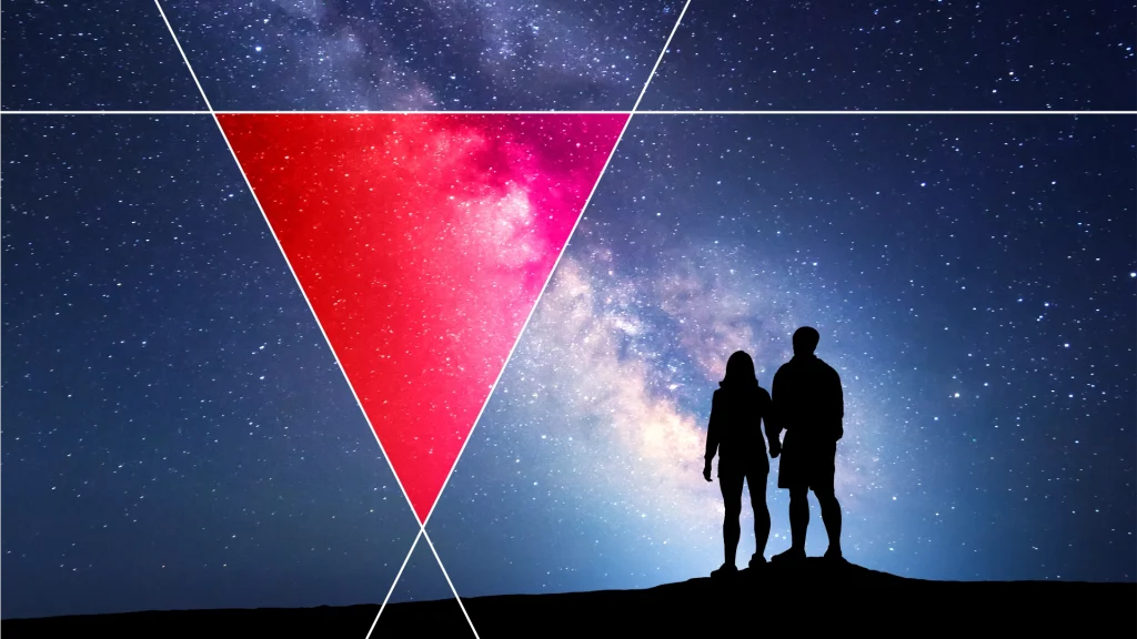 Photo of two people standing on a hill at night looking up to the stars and milky-way with a vibrant, upside down triangle highlighting some of what they're looking at and with extended lines on each side.