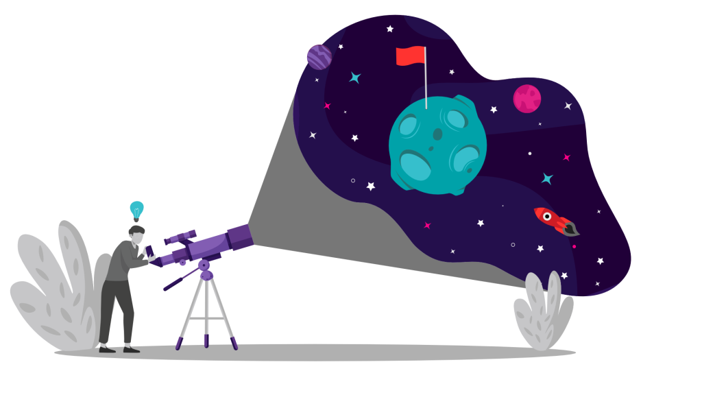 Flat illustration of a person looking into space at a moon (expand) through a telescope (focus) with a rocket (activate) flying to the moon.